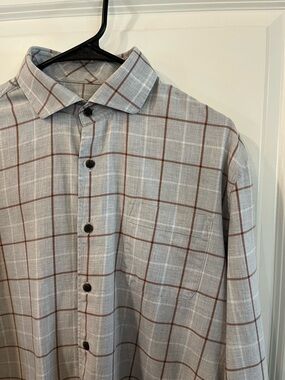Johnnie-O Top Shelf Light Gray Plaid Button-Down Shirt with Brown Windowpane